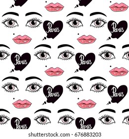 Paris Modern illustration of a comic style. Seamless pattern Isolated on white background. 