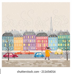 Paris, mon amour. Paris, my love. The colorful illustration of buildings in french style.