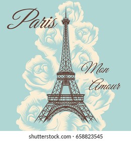 Paris mon amour or Paris my love vintage poster with Eiffel tower and roses. Vector illustration