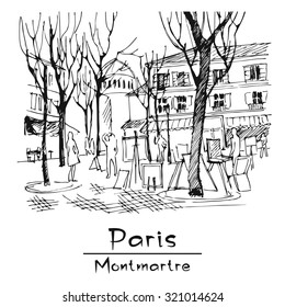 Paris. Montmartre. Place du Tertre. Vector Image.
Hand-drawing. Image - one combined object
