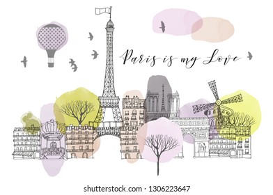 Paris is my Love vector poster. watercolor vector background