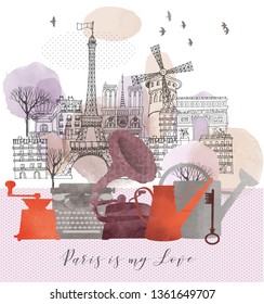 Paris is my love. Watercolor vector poster.
