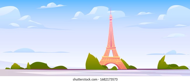 Paisaje paisajístico de París ilustración de dibujos animados con un famoso punto de referencia, Torre Eiffel y fondo del horizonte, bandera horizontal con cielo azul nublado, vista panorámica