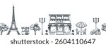 Paris old town street seamless horizontal background. Vector sketch illustration of cafe, shop or bakery building, table with umbrella, trees, Eiffel tower. Travel to France design elements