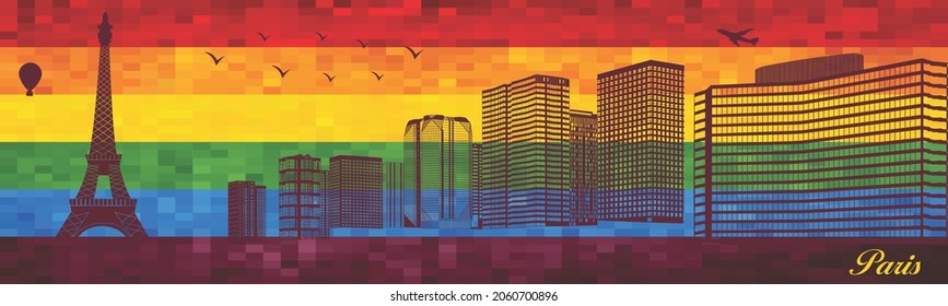 Paris on LGBT flag background - illustration, 
Town in Rainbow background, 
Vector city skyline silhouette