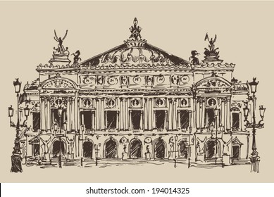 Paris opera house, Palais Garnier, France, vintage engraved illustration, hand drawn