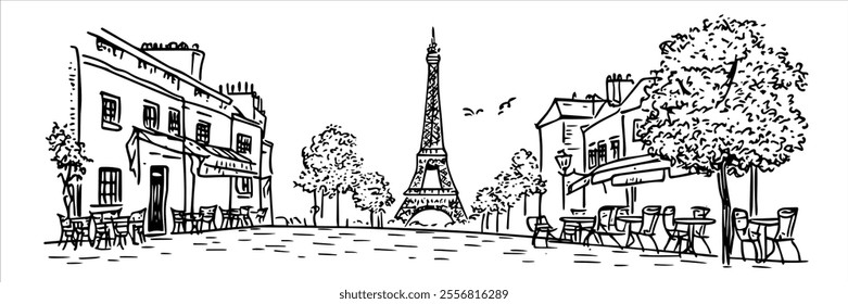 Paris panorama city, hand drawing doodle hatching vector sketch