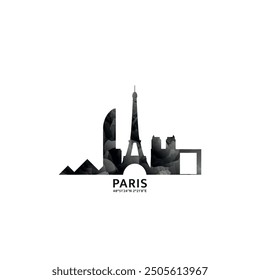 Paris panorama, vector badge, skyline logo and icon. France capital city horizon logotype with landmarks and building silhouettes. Isolated foggy abstract gradient graphic