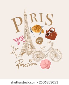 Paris with passion slogan with eiffel tower and bicycle hand drawn vector illustration 