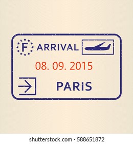 Paris passport stamp. Travel by plane visa or immigration stamp. Vector illustration.