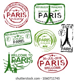 Paris passport stamps set in red. green and black colours. Travel by plane visa or immigration stamp. Vector illustration isoated on a white background.