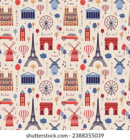 Paris pattern with architectural symbols and landmarks of France. Eiffel tower, Notre Dame, Arc de Triomphe, Pantheon and more on vintage French seamless background.