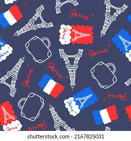 Paris pattern with  Eiffel tower, postage stamp, suitcase, strokes, french flag.Background for textile, fabric, stationery, clothes and other design.