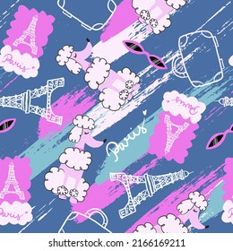 Paris pattern with poodle, pink, sunglass, Eiffel tower, postage stamp, suitcase, strokes.Background for textile, fabric, stationery, clothes and other design.