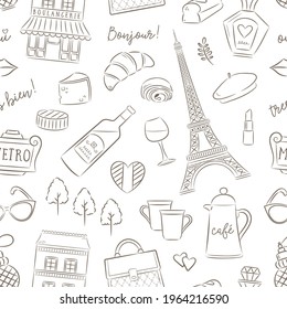 Paris Pattern sketched hand drawn style, Eiffel Tower, Fashion, Beauty, Food and Drink. Seamless vector pattern. Translation Bonjour: Hello, Tres Bien: Very Good, Oui: Yes