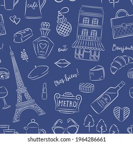 Paris Pattern sketched hand drawn style, Eiffel Tower, Fashion, Beauty, Food and Drink. Seamless vector pattern. Translation Bonjour: Hello, Tres Bien: Very Good, Oui: Yes