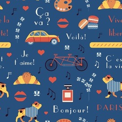 Paris Pattern With Symbols Of France. French Bulldog Dog In Beret, Croissant, Macaron, Tandem Bicycle, Baguette, Perfume, Lavender, Retro Car And Phrases On Romantic French Seamless Background.