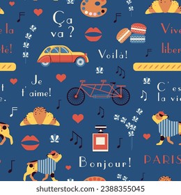 Paris pattern with symbols of France. French bulldog dog in beret, croissant, macaron, tandem bicycle, baguette, perfume, lavender, retro car and phrases on romantic french seamless background.