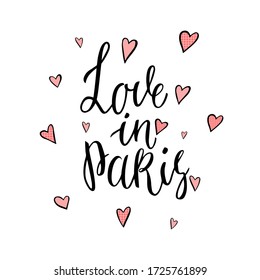 Paris postcard with text and hearts. Hand-drawn. Isolated on a white background.