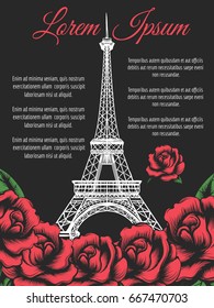 Paris poster design with Eiffel Tower and roses on black backdrop. Vector illustration