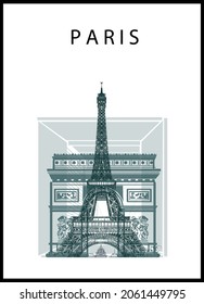 Paris poster with Eiffel tower, arc de triomphe; Grande arche and sacre coeur basilic  - vector illustration