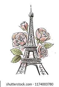 Paris poster with Eiffel tower and roses. Vector