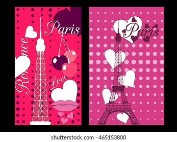 Paris poster with heart. Romantic collage from the Eiffel Tower, a cherry and a kiss. France. Vector illustration.