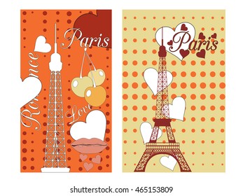 Paris poster with heart. Romantic collage from the Eiffel Tower, a cherry and a kiss. France. Vector illustration.