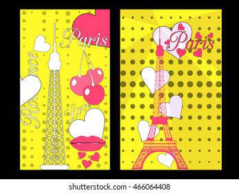 Paris poster with heart. Romantic collage from the Eiffel Tower, a cherry and a kiss. France. Vector illustration.