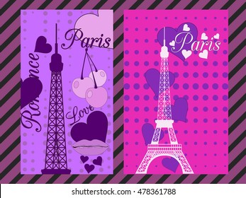 Paris poster with heart. Romantic collage from the Eiffel Tower, a cherry and a kiss. France. Vector illustration.