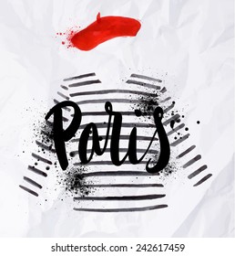 Paris poster with a red beret and striped sweater painted in watercolor on crumpled paper