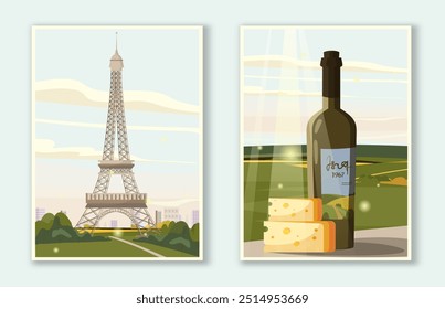 Pôsteres de Paris. Torre Eiffel, garrafa de vinho com queijo. França e Paris. Férias e férias. Viagens e turismo. Coleção de vetores planos isolada no plano de fundo branco