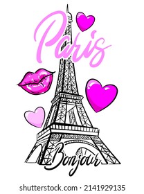 Paris print T-shirts and card. Hand lettering. Design for girls. Fashion illustration drawing in modern style. Girlish print with Eiffel Tower