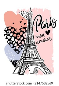 París imprima camisetas y tarjetas. Grabado a mano. Diseño para chicas. Ilustración de moda de estilo moderno. Impresión giratoria con la Torre Eiffel