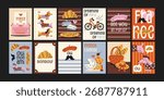 Paris retro cartoon posters set. Wall decor, trendy banners: croissant, baguette, cheese. Typography: French quotes, greetings. French vintage postcard collection.