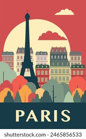 Paris retro city poster with abstract shapes of skyline, buildings, tower. Vintage France capital travel vector illustration	
