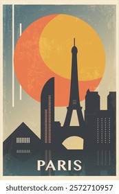 Paris retro city poster with abstract shapes of skyline, landmarks. France vintage travel vector illustration, cityscape at sunrise, sunset