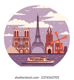 Paris river cruise illustration with France famous architectural landmarks and cityscape. Travel France concept with tourist boat on river Seine.