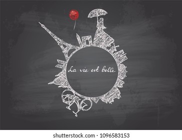 Paris romantic hand drawn circular skyline on chalckboard. vector