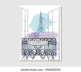 Paris - romantic illustration. Eiffel tower with balcony view for your beautiful design. Vector hand drawn illustration. 