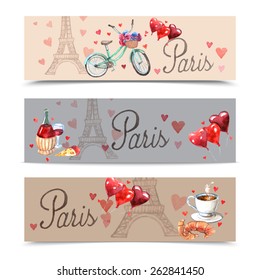 Paris  romantic love balloons and red wine with eiffel tower background banners set abstract watercolor vector illustration