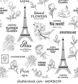 Paris romantic seamless pattern. Spring tour swatch with birds, flowers and eiffel tower. Calligraphic sign of paris. Vector illustration.