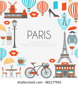 Paris round composition with famous buildings french food and clothing imprints of lips and balloons vector illustration   