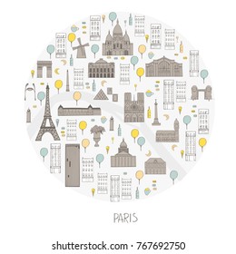  Paris in round frame. Vector sketch illustration