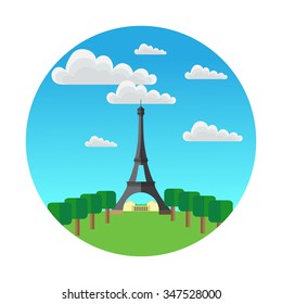 Paris. round icon style flat. it shows field of Mars, Eiffel Tower and trees