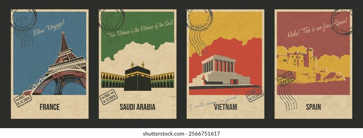 Paris, Saudi Arabia, Vietnam, Spain Most Famous Attractions Postcard Set. Eiffel Tower, Kaaba, Castle, Mausoleum Most Popular Places Illustrations, Vector Templates Retro Style Greeting Cards