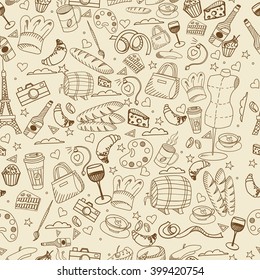 Paris seamless line art design vector illustration. Separate objects. Hand drawn doodle design elements.