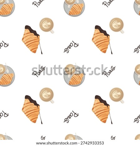 Paris seamless pattern with chocolate croissants, cappuccino cups and lettering