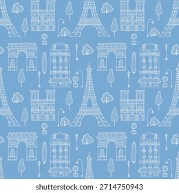 Paris nahtloses Muster Stadt doodle Hintergrund. Nette handgezeichnete Linie Silhouette von Tintenstift Eiffelturm, Notre-Dame de Paris, Triumphbogen und Pariser Häuser in Farbe des Jahres 2026 Cloud Dancer.