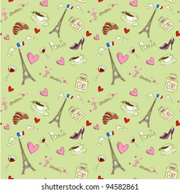 Paris seamless pattern with coffee, hearts and eiffel tower